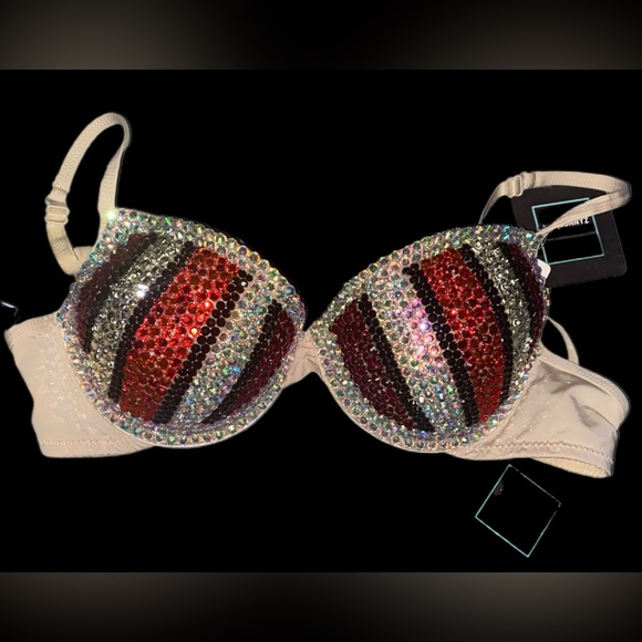 Crystal Rhinestone Pinstripe Glam Bling Red Tones Bra Top All Sizes New - Picture 6 of 14